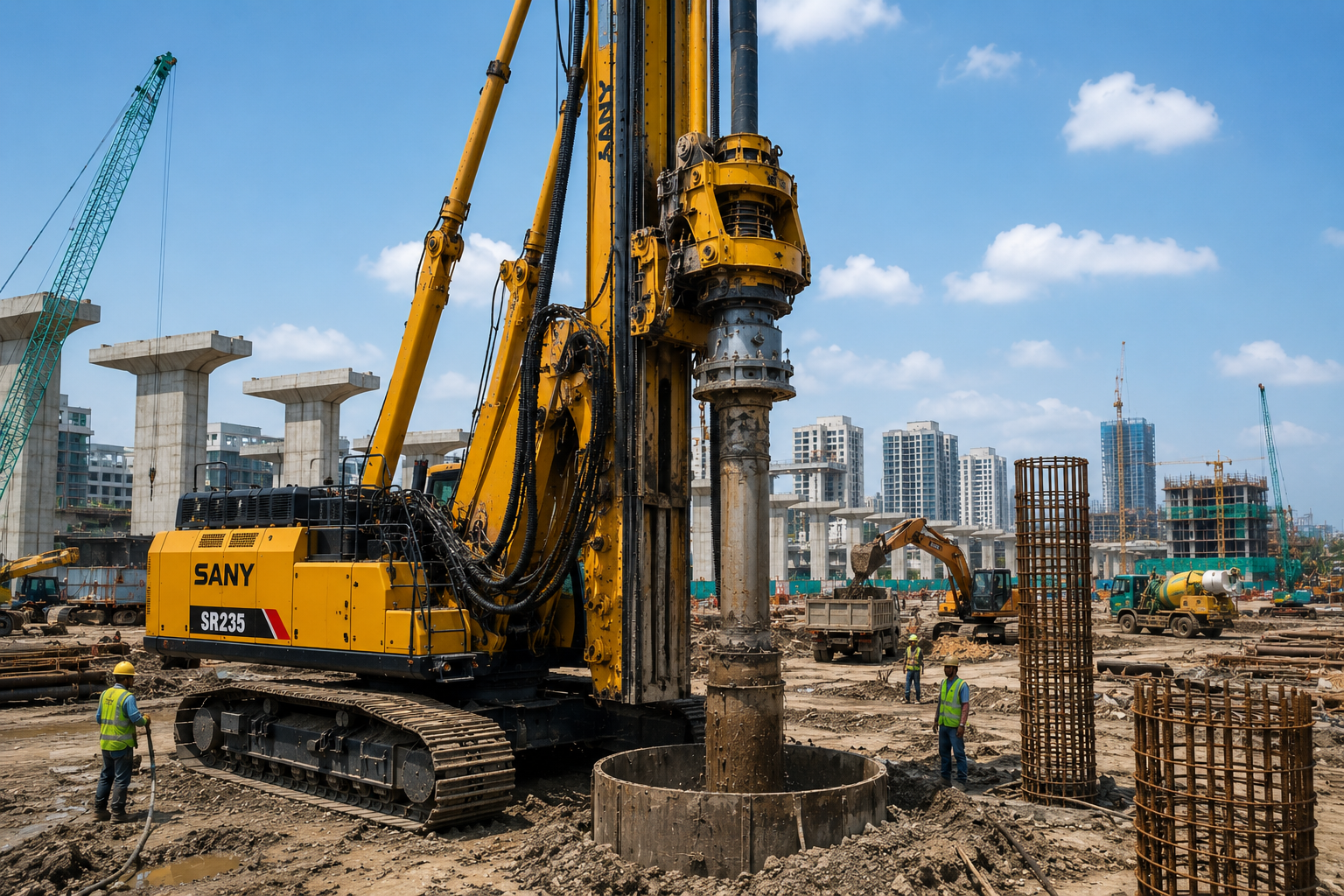 Hydraulic rotary piling rig against an urban skyline